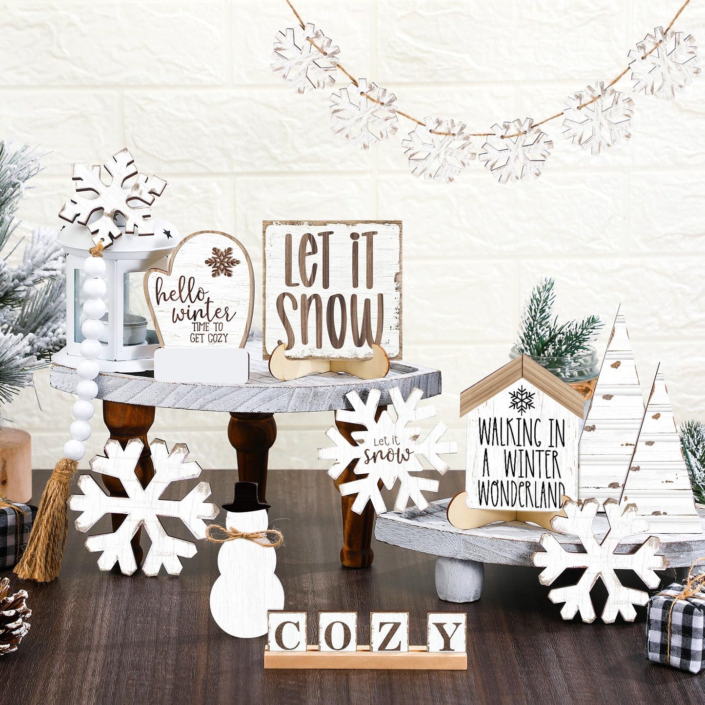 GlikCeil 19 Pcs Winter Tiered Tray Decor Snowflakes Wood Rustic Decoration Tiered Sign Table Centerpieces Without Tray for Tabletop Shelf Winter Xmas Home Party Gifts(Rustic)