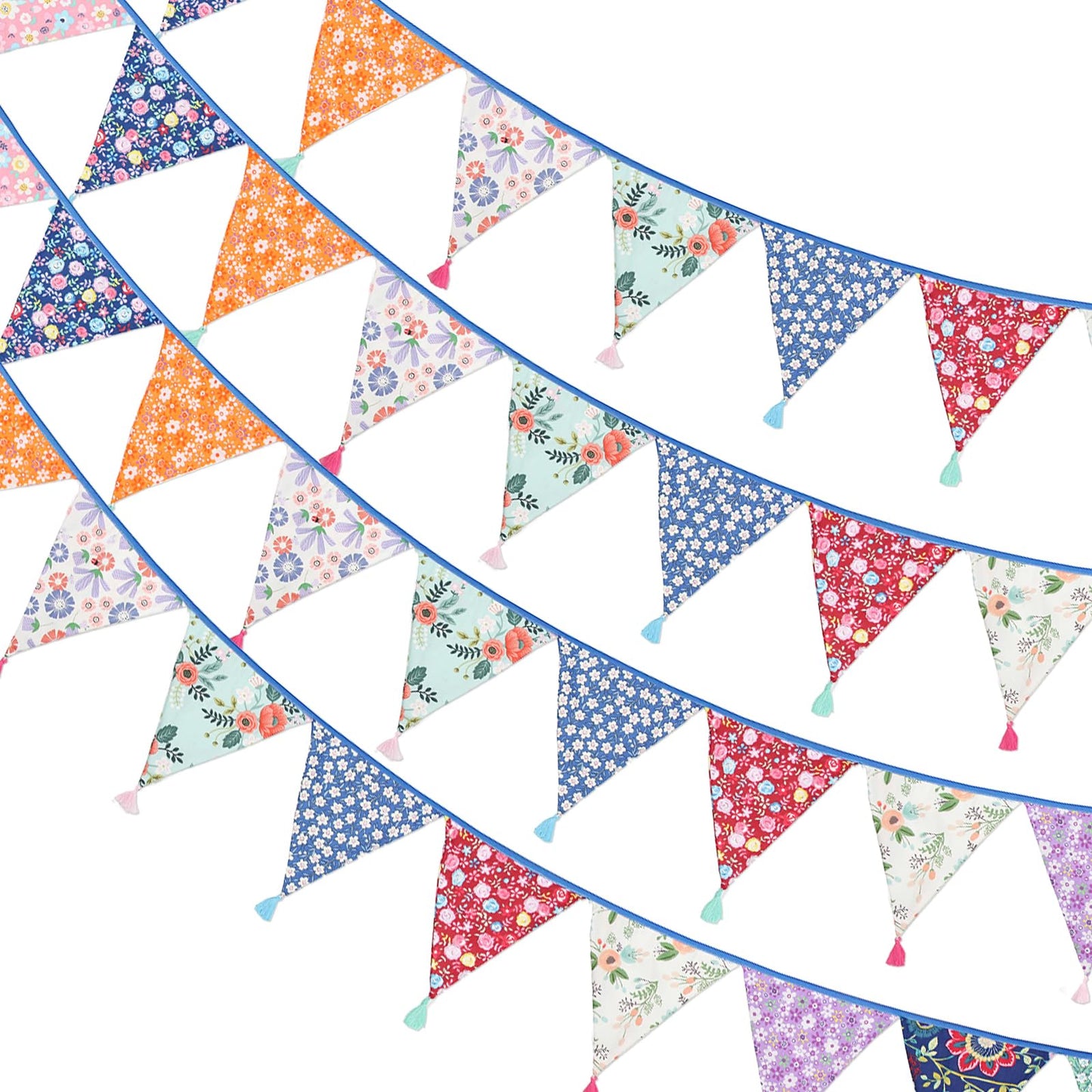 G2PLUS 10.8Ft Cotton Triangle Bunting Banner – 12pcs Multicolor Floral Fabric Pennant Flag with Tassels, Double Side Triangle Banner Garland for Weddings, Birthdays, Garden & Baby Showers