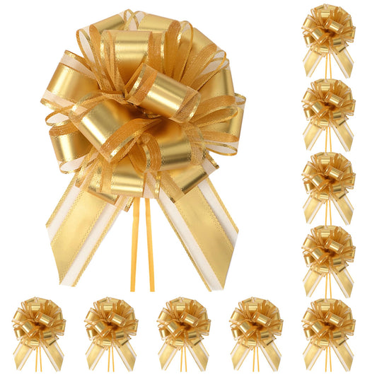 TIMESEEK 10-Pack Metallic Gold Pull Bows for Gift Wrapping - 6 Inch Reusable Ribbon Bows, Large Instant Floral Decor Bow for Wedding, Christmas, Birthday Decor, Gift Basket & Party Decorations