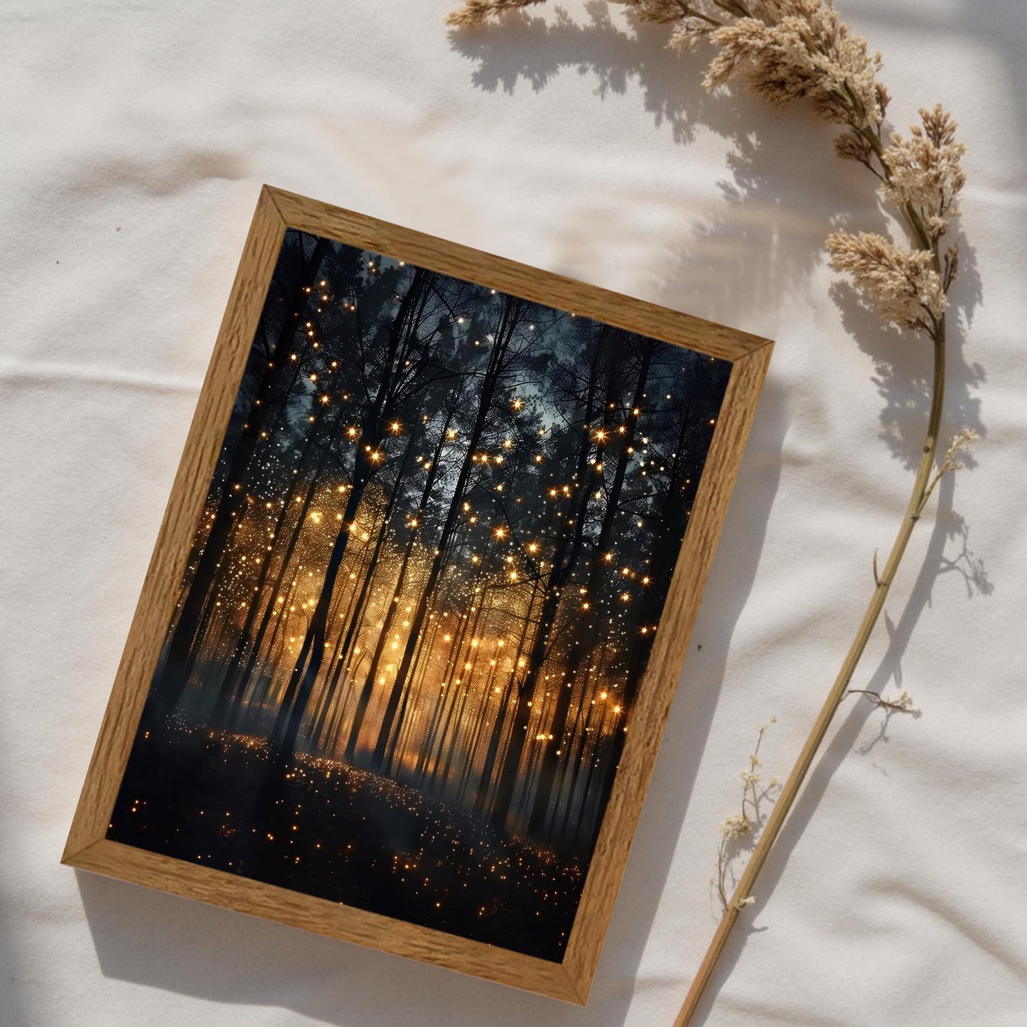JLTULT Framed Enchanted Forest Firefly Canvas Wall Art, Dark Twilight Landscape Wall Decor, Rustic Botanical Nature Tree Art Prints for Bedroom Living Room Office Decoration 8x10 inch Easy to Hang