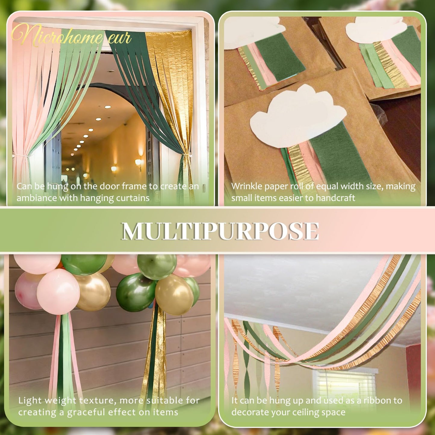 NICROHOME EUR Wedding Party Decorations, 8 Rolls Moss Sage Green Pink Crepe Paper Streamers for Boho Baby Shower, Wedding, Engagement Party, Spring Party, Birthday Party Supplies, 82 ft Long