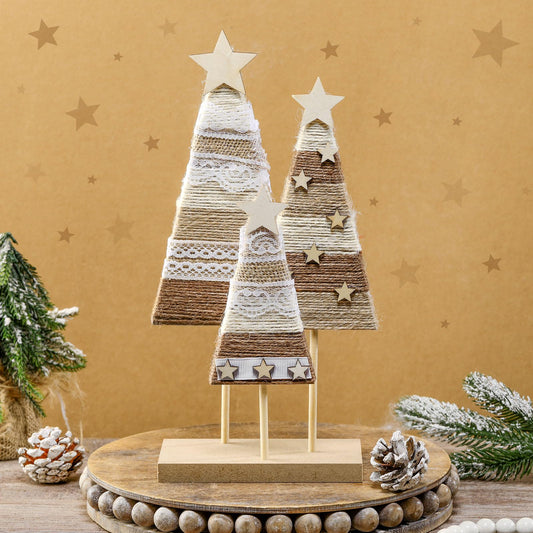 Cinnvoice Farmhouse Wooden Christmas Trees Tabletop Decorations Boho Christmas Tabletop Decor Rustic Wood Xmas Trees Hemp Rope Centerpieces Table Signs Home Decor for Shelf Windowsill