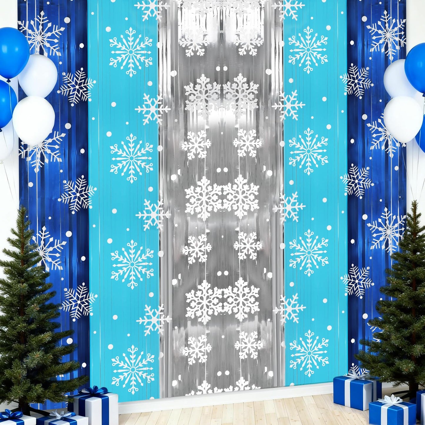 HOWAF 2 Pack Snowflake Foil Fringe Curtain, Winter Frozen Decoration, Blue Silver Winter Christmas Tinsel Foil Fringe Photo Booth Backdrop, Wonderland Tinsel for Birthday Party 3.2 * 6.5ft