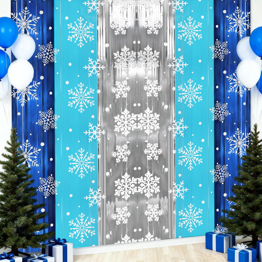 HOWAF 2 Pack Snowflake Foil Fringe Curtain, Winter Frozen Decoration, Blue Silver Winter Christmas Tinsel Foil Fringe Photo Booth Backdrop, Wonderland Tinsel for Birthday Party 3.2 * 6.5ft