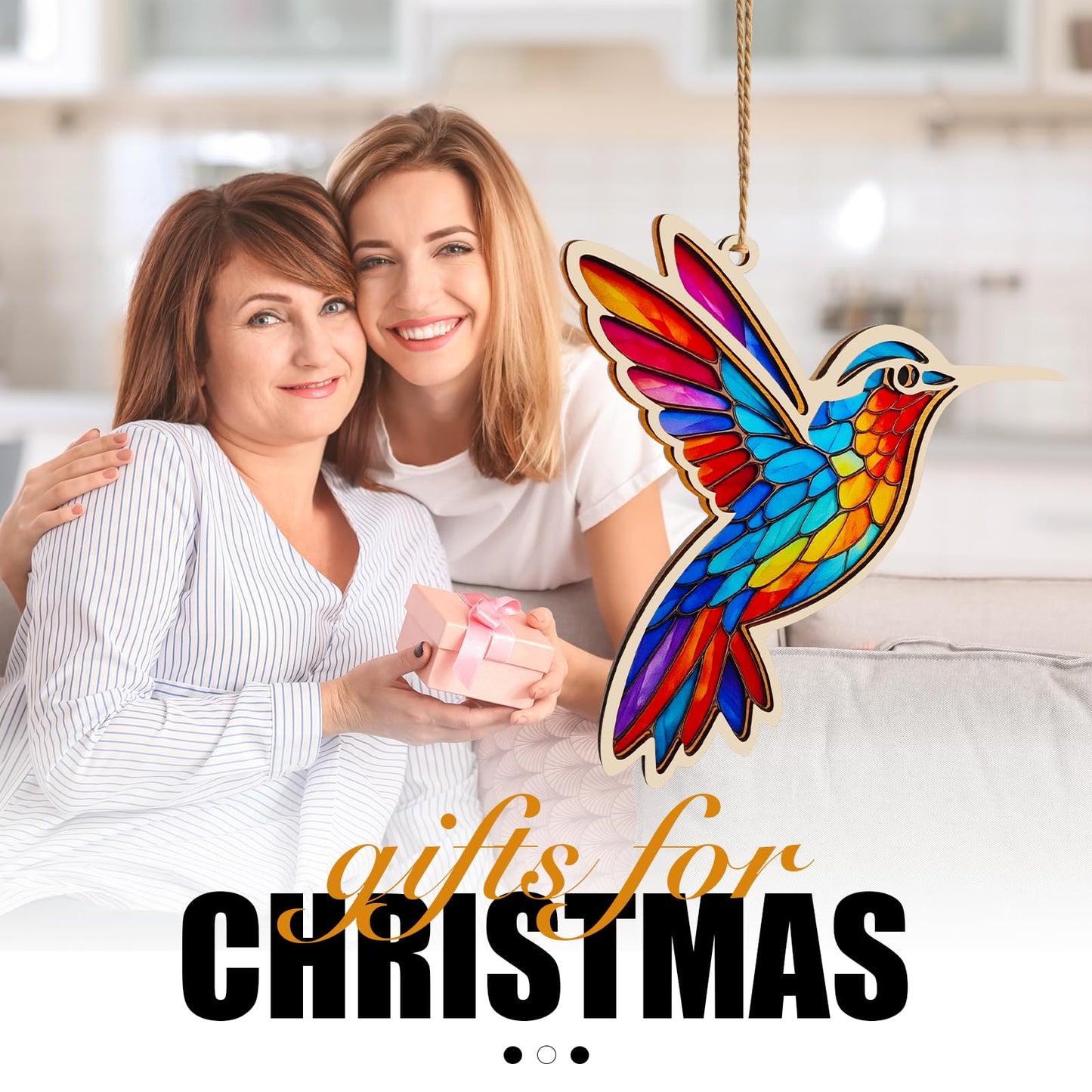 Hummingbird Christmas Ornament, Hummingbird Gifts,Stained Glass Window Hanging Gift for Women, Wood & Acrylic Memorial Keepsake for Christmas Tree, Home Decor (Burlywood)