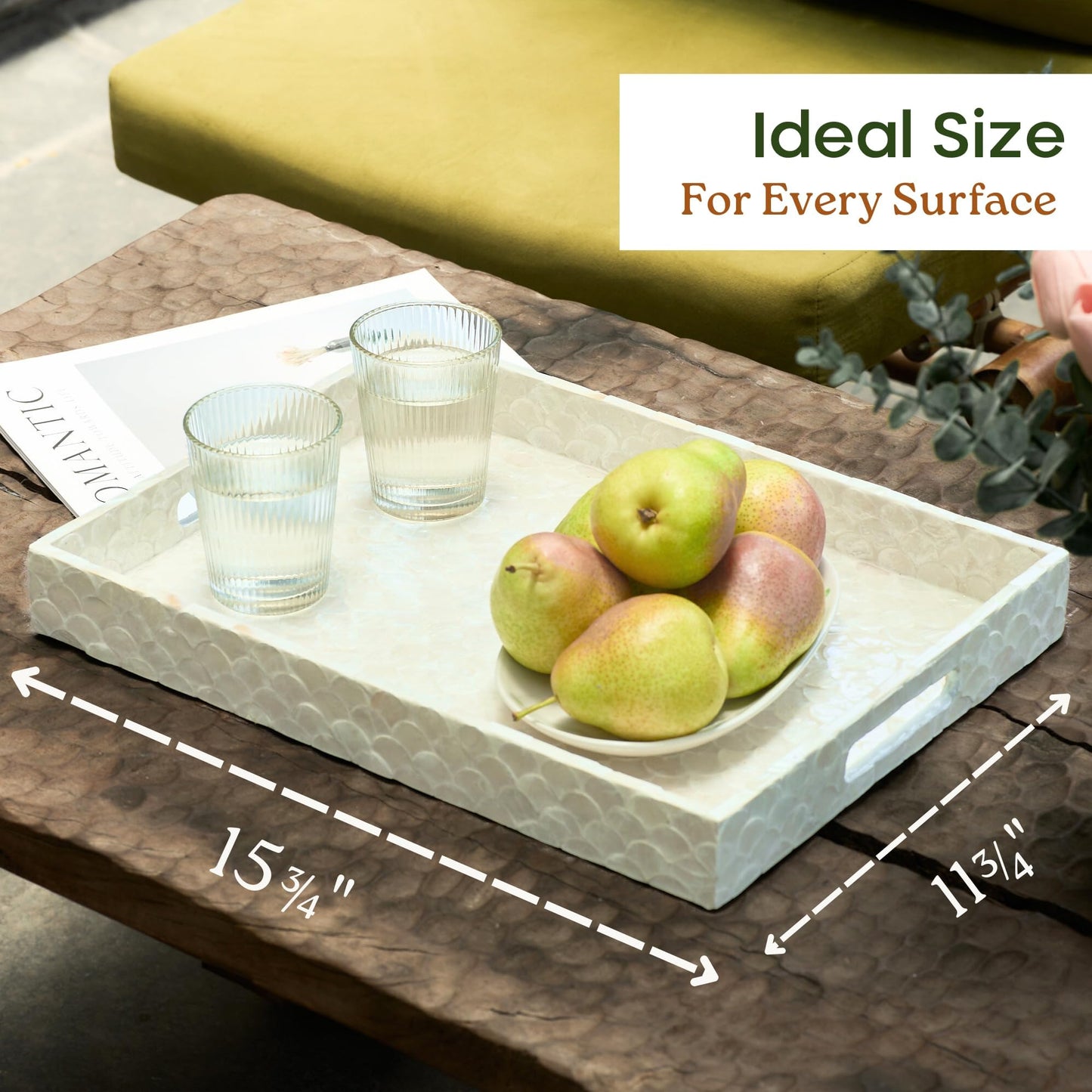 CHI AN HOME Capiz Decorative Tray 15.8” x 11.8” x 1.8" Rectangular Tray, Natural Handmade Serving Tray with Handles for Coffee Tables, Ottoman, Vanity, Kitchen, Coastal Boho Home Decor, White