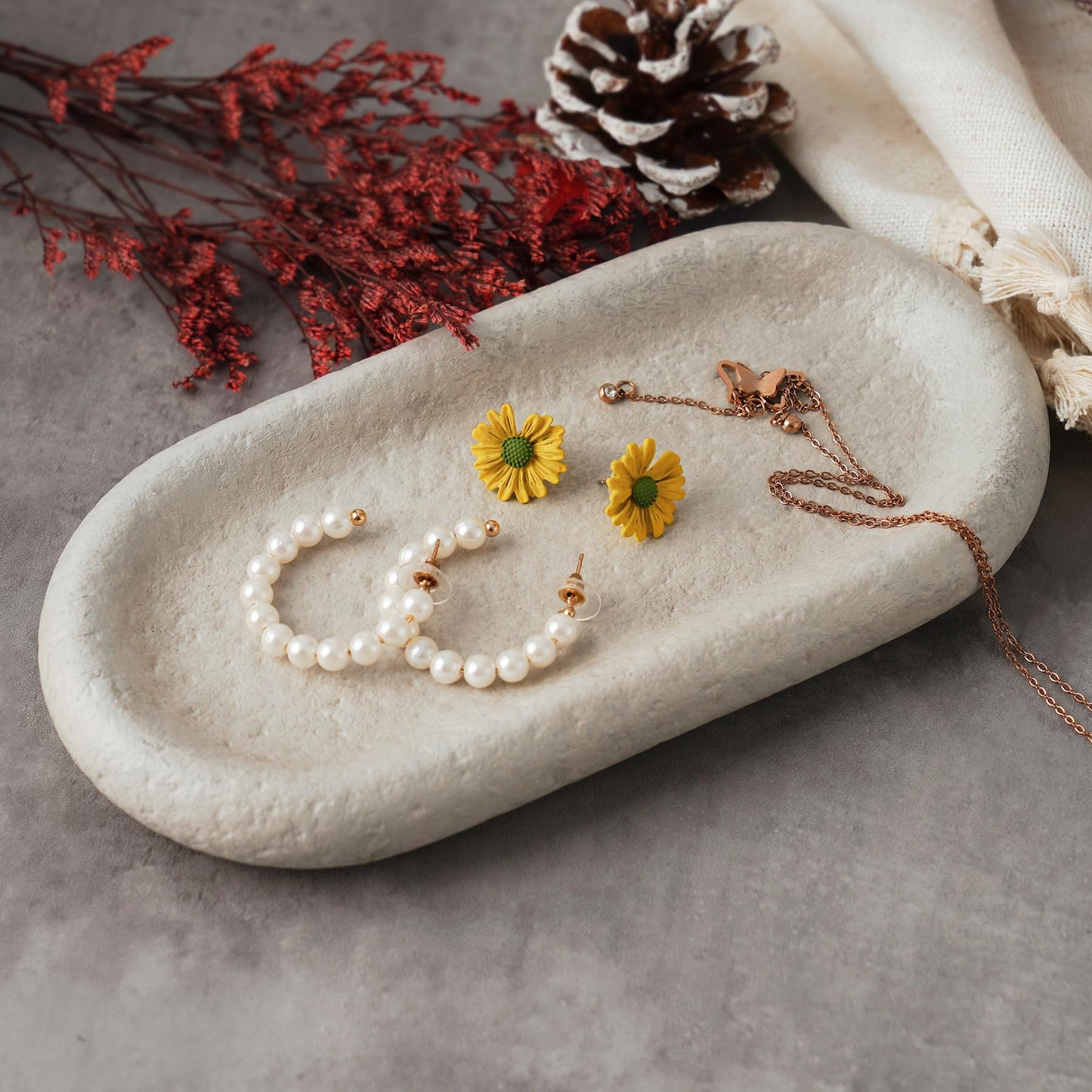 NiHome Natural Travertine Jewelry Tray for Bracelets, Necklaces, Rings, 7.8"x3.9"x0.86" Durable and Easy-to-Clean Key Dish, Minimalist Cement Organizer Decorative Tray for Bedroom, Vanity, Living Room