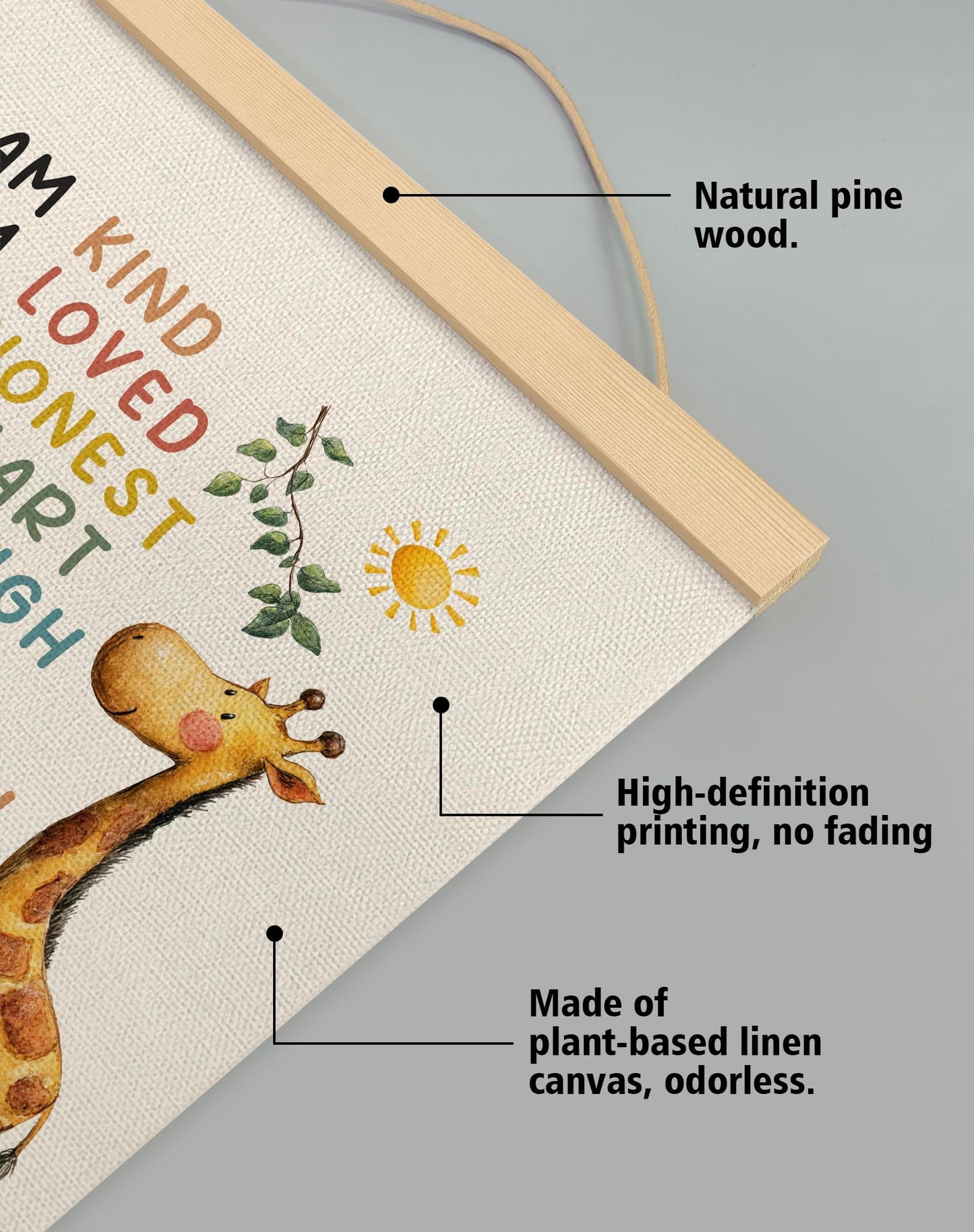 Positive Affirmations Wall Art Decor– I Am Kind,I Am Strong Canvas Poster with Giraffe Pattern, Motivational Wall Hanging Decor for Classroom Nursery Playroom,Kids Room Decor 14.5x18Inch(Je03)