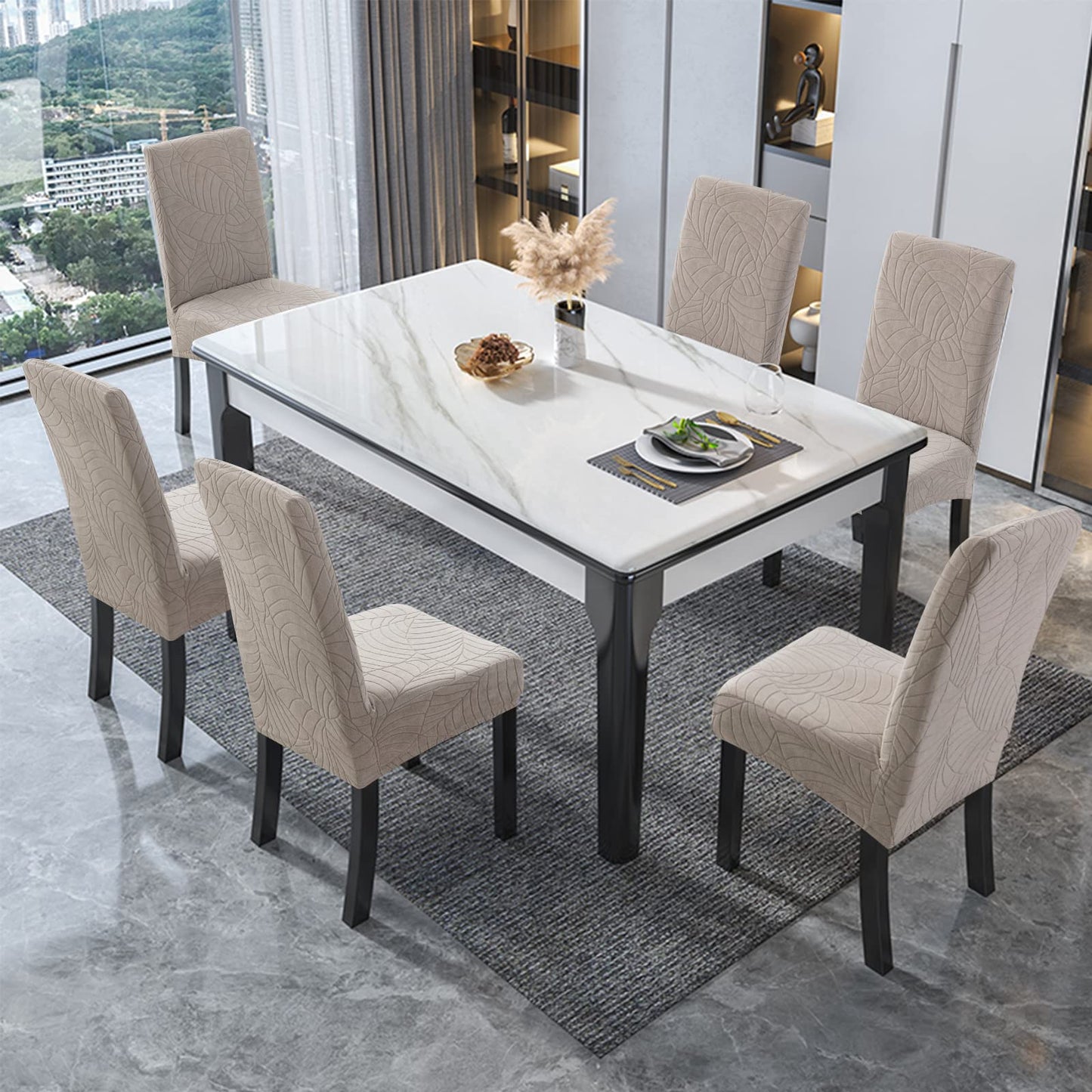 Genina 100% Waterproof Chair Covers for Dining Room Set of 4, Stretch Parson Chair Slipcovers for Kitchen Chairs, Washable Chair Protectors, Leaves-Warm Gray