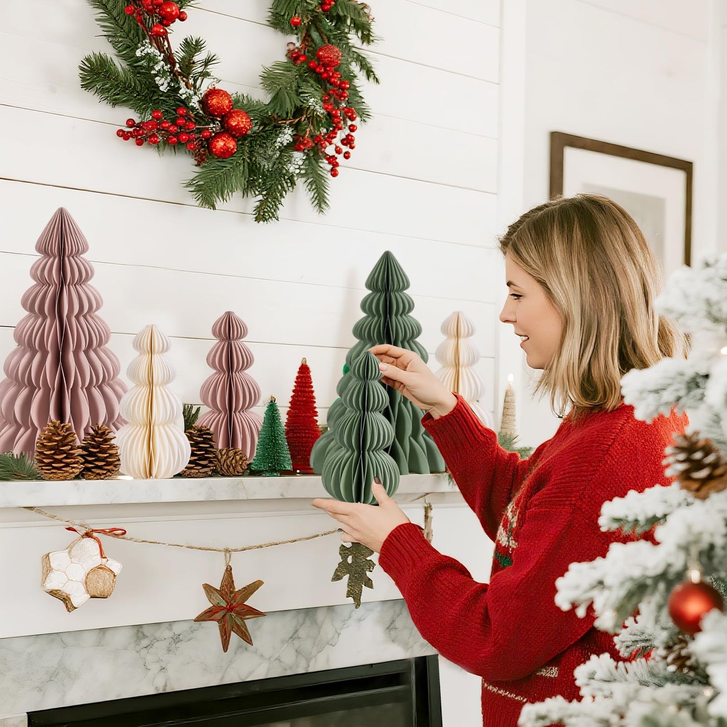 OBBOLO 6 Pcs Paper Christmas Tree, Beige, Sage Green and Dusty Pink Tabletop Christmas Decorations with Magnetic Closure, 12" & 6" Foldable Reusable Holiday Trees for Mantel, Table Centerpiece
