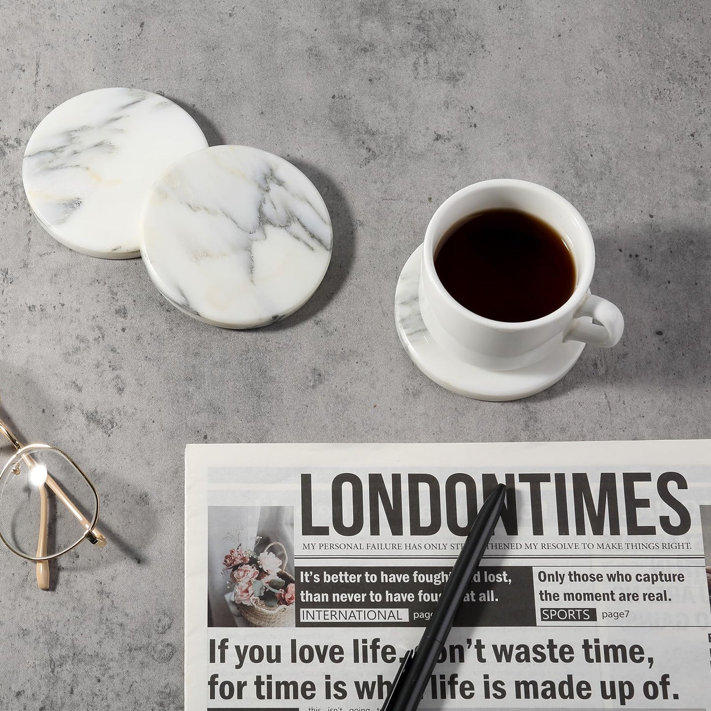 Koville Marble Coaster Set of 4, Round Coasters, 4" Stone Coaster for Drinks Coffee, Marble Coasters for Coffee Table Home Bar Decor, Heat Resistant, Gift Choice(Arabescato)