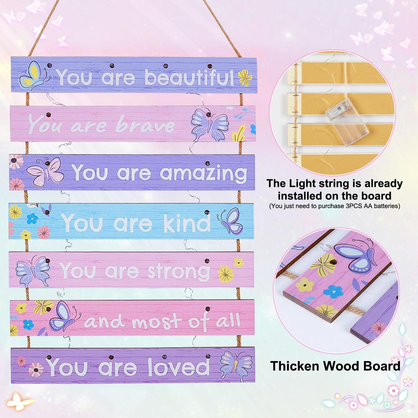 FIOBEE Girls Room Décor for Teen Girls Boys with LED Light Wall Decor for Bedroom Motivational Inspirational Wall Art Girl Room Decoration for Kids Studyroom, 8 Kinds of Lights, Purple Butterfly