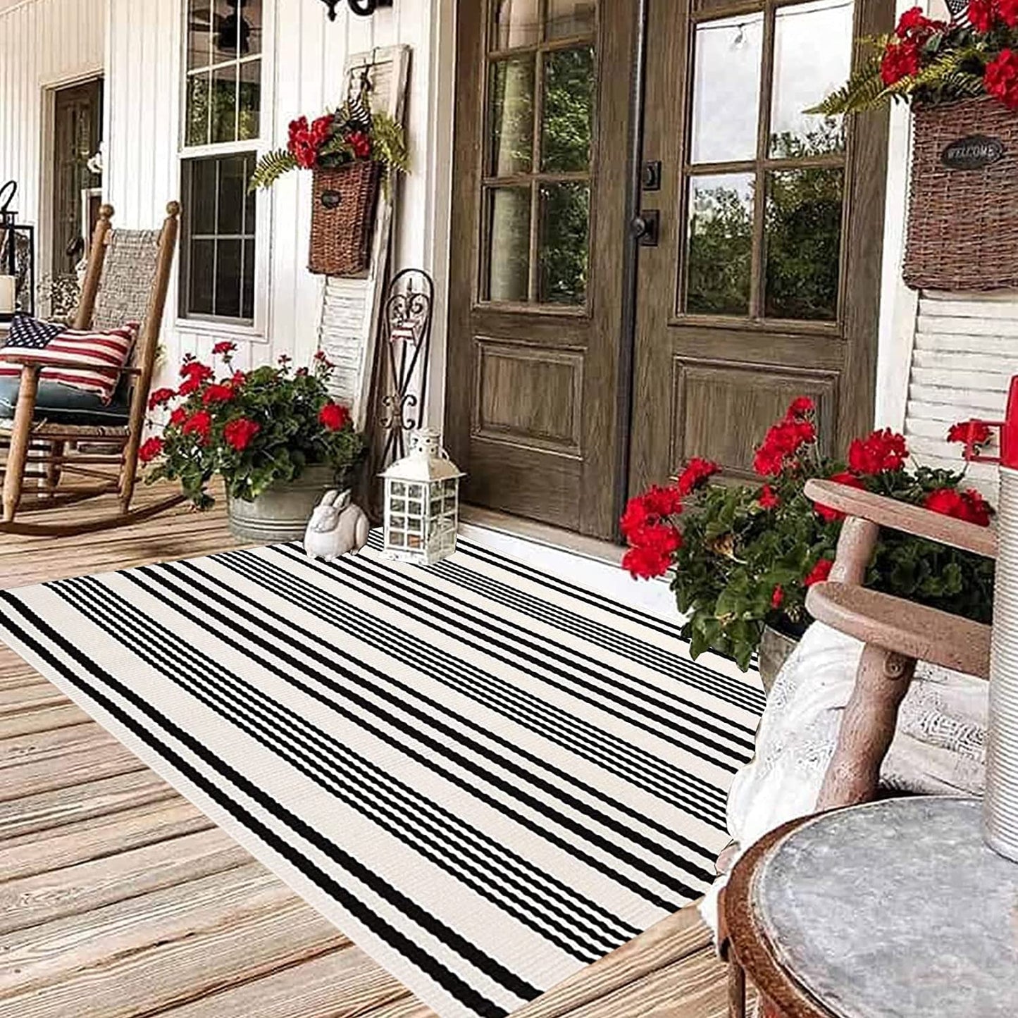 BUAGETUP Black and White Outdoor Rug 3'x 5' Cotton Woven Washable Rug Striped Front Porch Rug Area Rug Floor Mat for Farmhouse/Layered Door Mats/Living Room