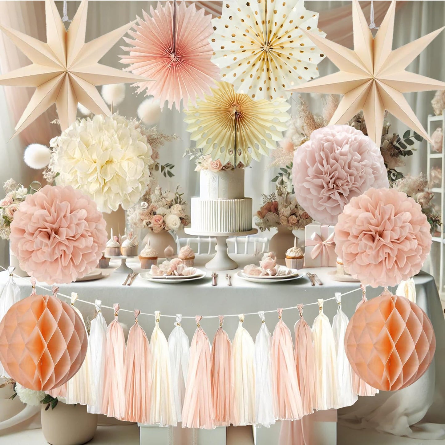 Champagne Beige Party Decoration,15PCS Champagne Boho Birthday Decorations for Women Men Girl Boy,Hanging Backdrop Decor for Engagement,Boho Wedding,Baby Shower,Bridal Shower,Garden Party
