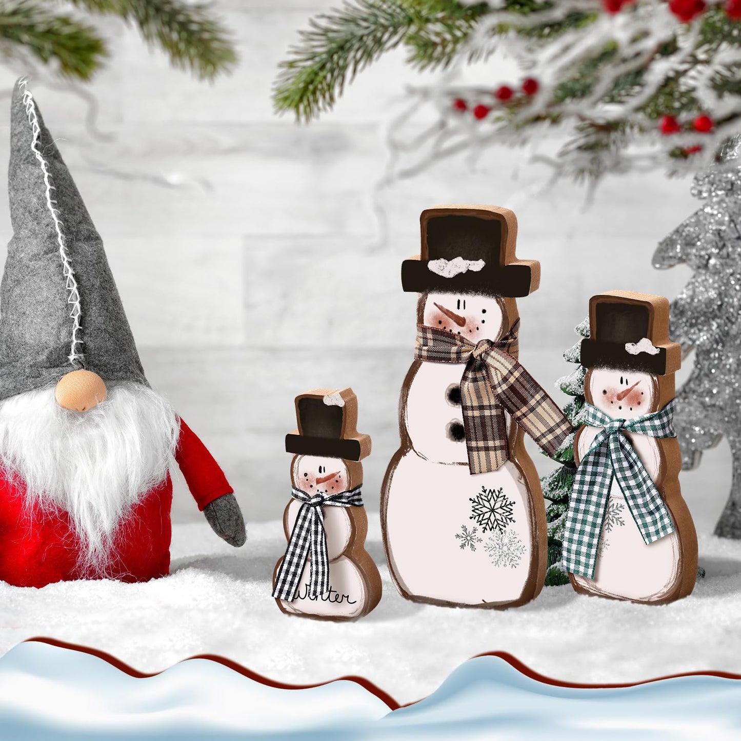 Suzile 3 Pcs Winter Table Decorations Wooden Centerpiece Block Signs Tiered Tray Desktop Figurine for Indoor Fireplace Mantel Home Decor Holiday Xmas(Brown,Snowman)