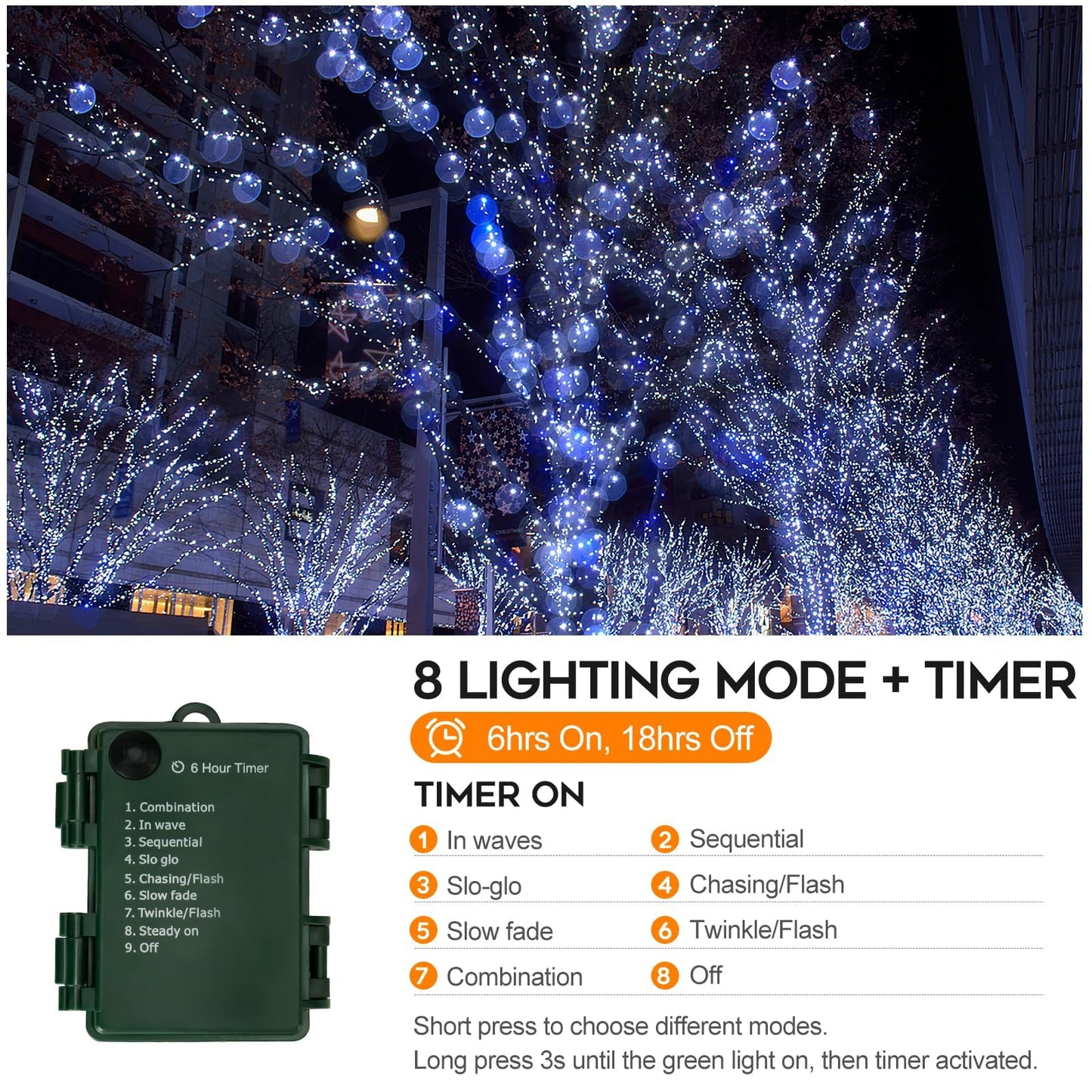 Battery Operated Christmas Lights Outdoor, 33 FT 100 LED Mini String Lights with Timer and 8 Modes, Green Wire Xmas Waterproof String Lights for Tree Xmas Indoor Holiday Party Garden Decor, Cool White
