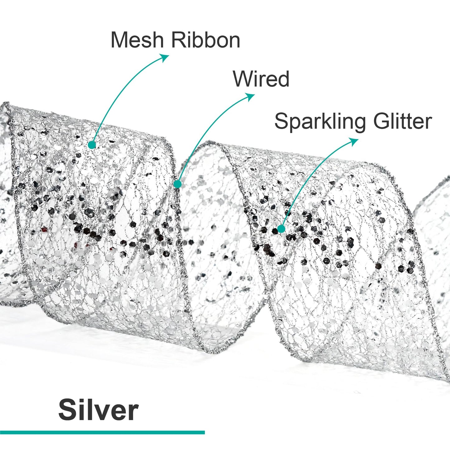 CT CRAFT LLC Sparkling Glitter Mesh Wired Ribbon 4" x 10 Yards Silver for Christmas Home Decor Bow Gift Wrapping DIY Crafts Wreath