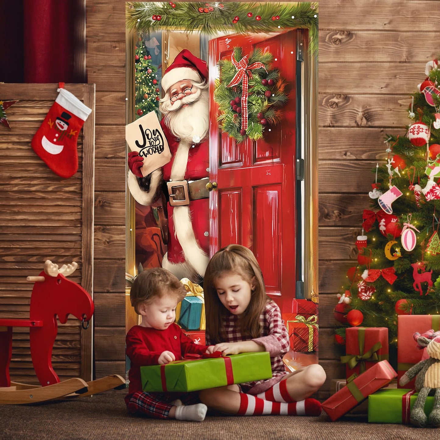 CCINEE Christmas Door Cover Decoration - Xmas Santa Claus Window Door Cover Hanging Banner Background for Front Door Christmas Party Supply