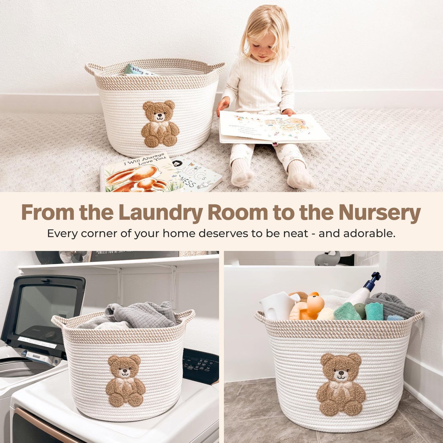 Teddy Bear Storage Basket for Nursery – Large 15"x11" Cotton Rope Bin with Soft Embroidered Bear Patch – Gender Neutral Toy Organizer, Baby Laundry Hamper, Blanket & Diaper Holder