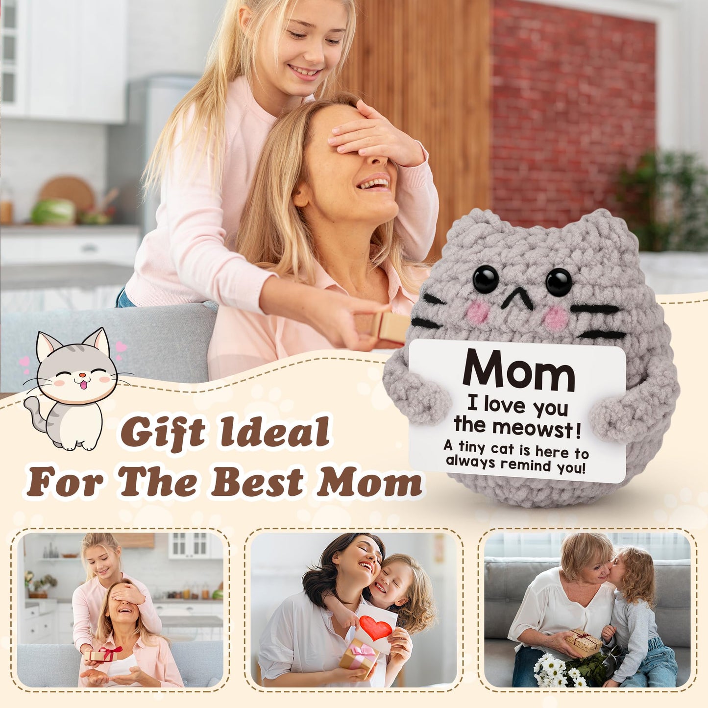tGifGLonyi Mothers Day Crochet Cat Gifts for Mom from Daughter Son Cute Birthday Gift for Moms Mother Mama, Love You Best Moms Ever Gift for Mother's Day Decoration