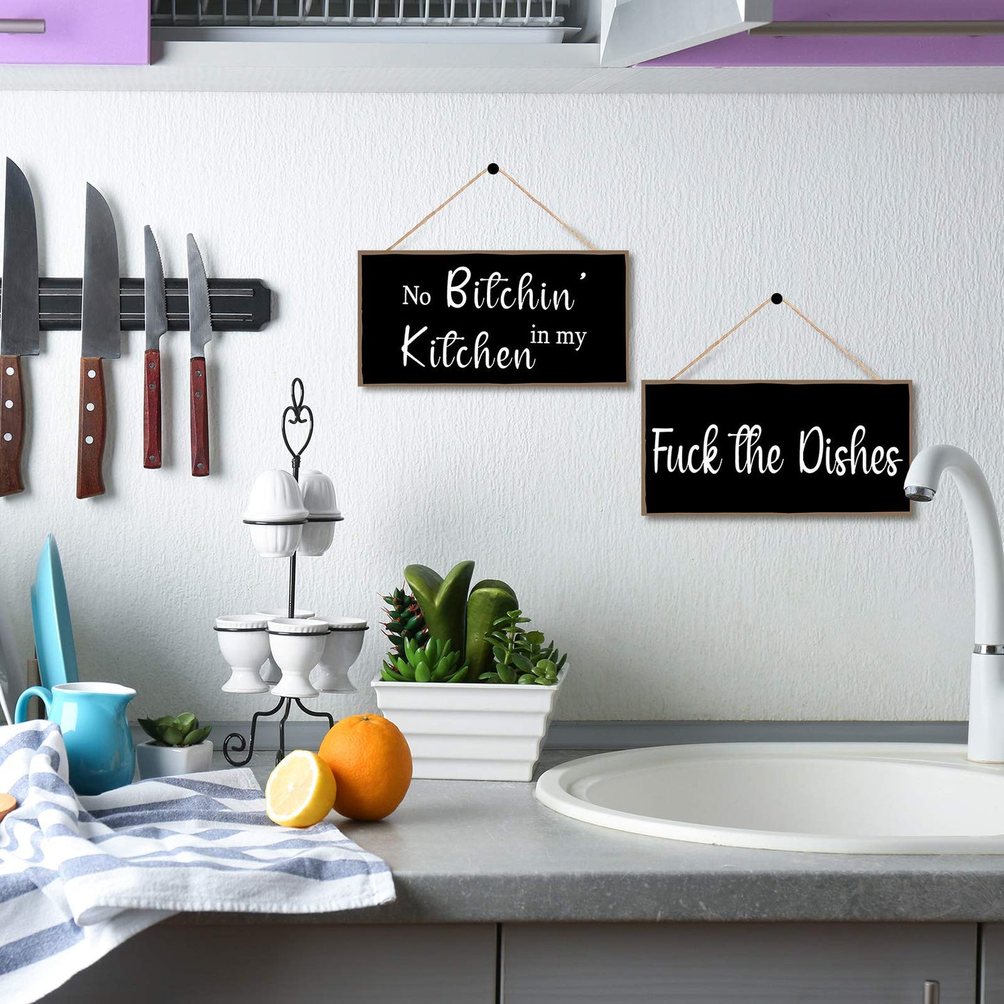 Jetec 2 Pieces Funny Kitchen Signs the Dishes Hanging Wall Art Decoration No Bitchin in My Kitchen Rustic Wooden Wall Signs Decorative Wood Home Decor, 10 x 5 Inch(Stylish)