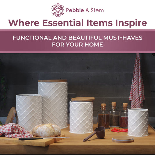 Pebble & Stem® White Metal Canister Set for the Kitchen Counter, Food Canister Set of 4, Airtight Lids, Sugar and Flour Containers for Countertops, Coffee and Tea Storage, Farmhouse Decor
