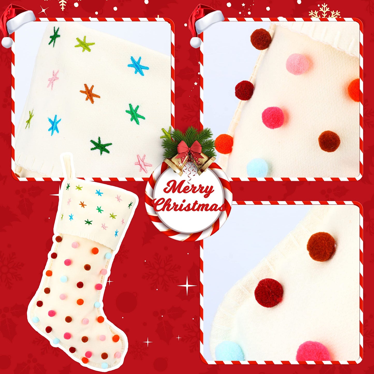 Hopearl Pom Pom Christmas Stocking Kit Boho Style Socks Ultra Soft Holder Ornament Luxury Gifts Bags for Family Xmas Tree Party Supplies, Cream, 18''