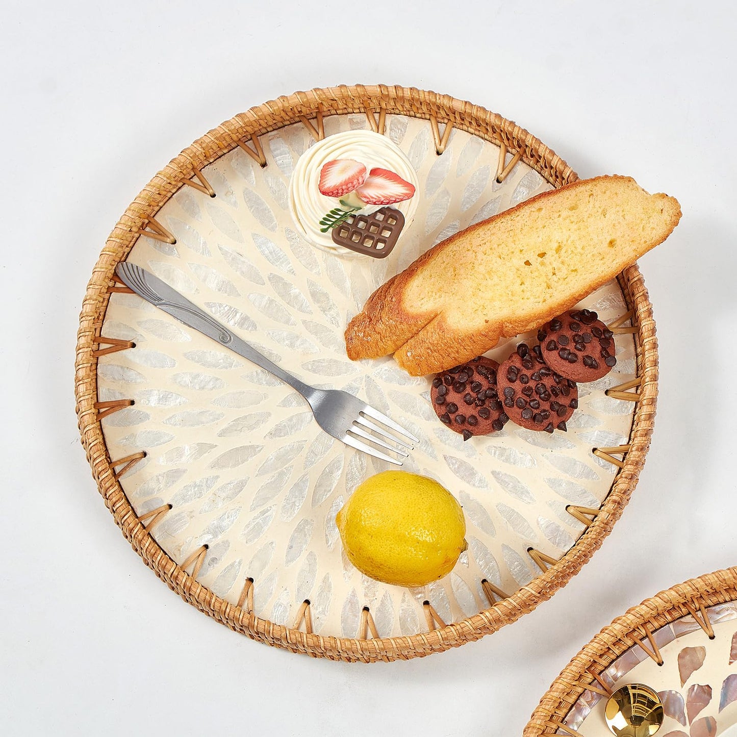 Kmelep Round Rattan Tray with Mother of Pearl Inlay, Rattan Serving Tray with Wooden Base, Decorative Wicker Basket for Table Decor, Storage and Display of Coffee Bread Food Fruit (Leaf 2)