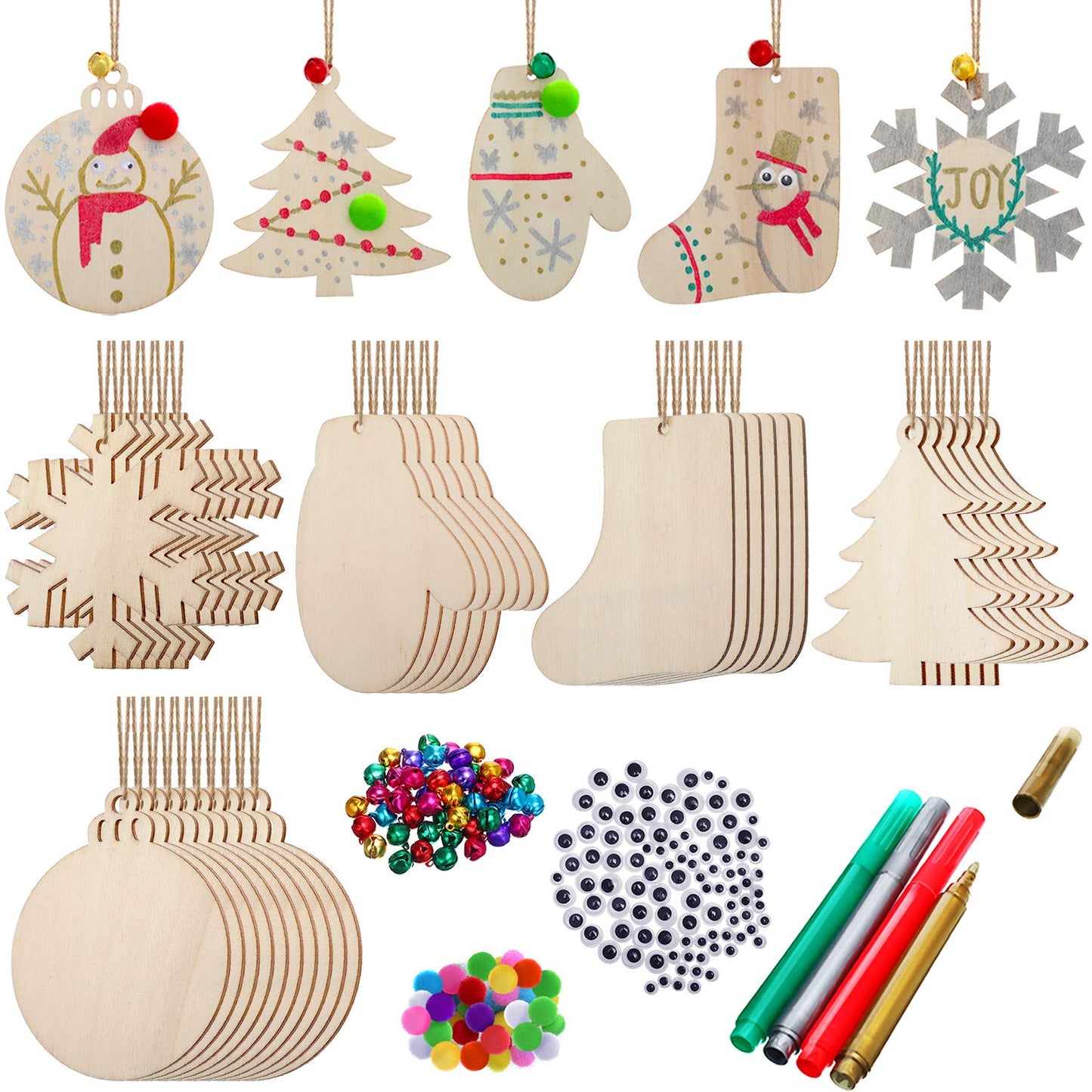 Boao 254 Pcs Christmas Wooden Ornaments 50 Pcs Unfinished DIY Crafts Slices Wood Christmas Tree Hanging Decoration with Bells Pom Poms Wiggle Eyes Marking Pens for DIY Xmas Decor