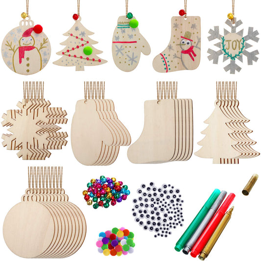 Boao 254 Pcs Christmas Wooden Ornaments 50 Pcs Unfinished DIY Crafts Slices Wood Christmas Tree Hanging Decoration with Bells Pom Poms Wiggle Eyes Marking Pens for DIY Xmas Decor