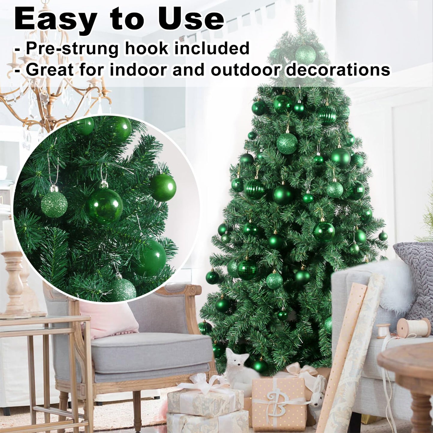 Emerald Green 2.5" Christmas Balls Christmas Tree Decoration Ornaments Shatterproof Hanging Balls for Birthday St. Patrick's Day Easter Mardi Gras Holiday Wedding Decorations Set of 24pcs