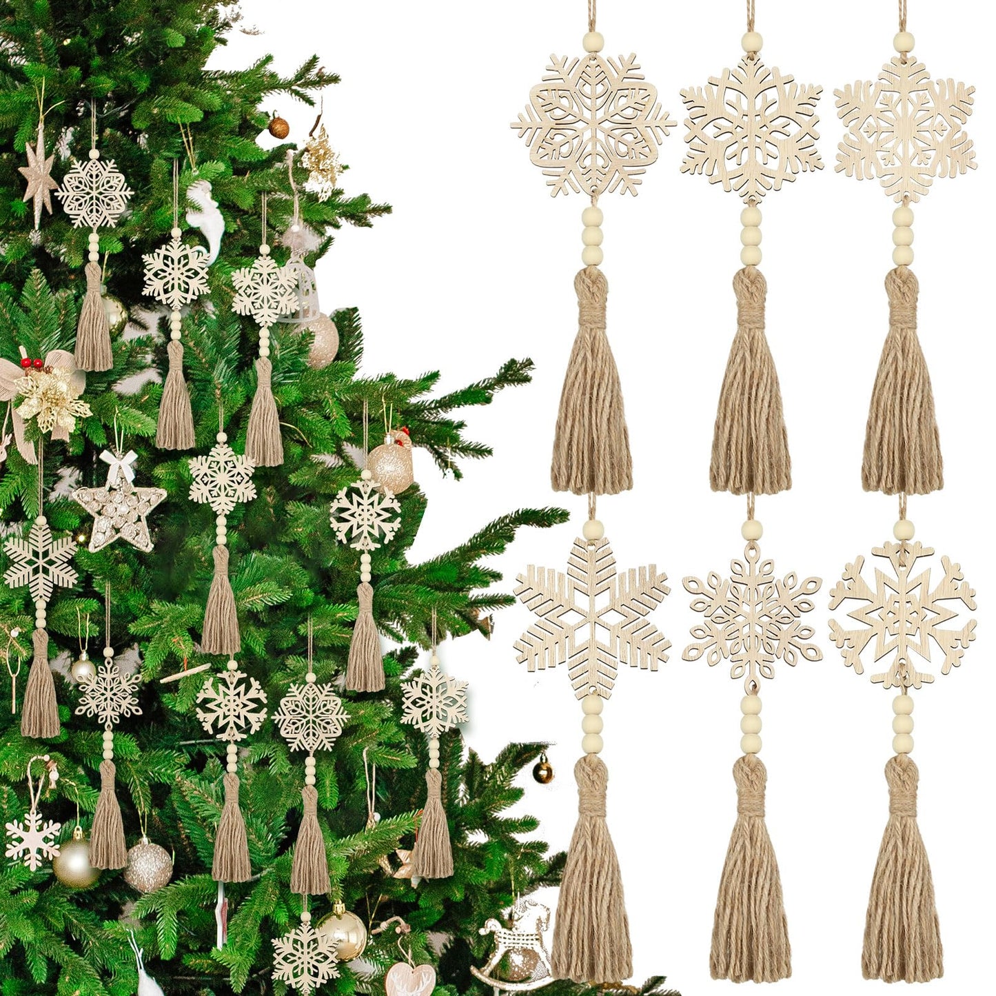 Barydat 18 Pcs Boho Christmas Snowflakes Ornaments Beads with Rope Wooden Tree Hanging Decorations Christmas Tree Hanging Ornament Wood Hanging Cutout for DIY Rustic Decor Crafts, 6 Style