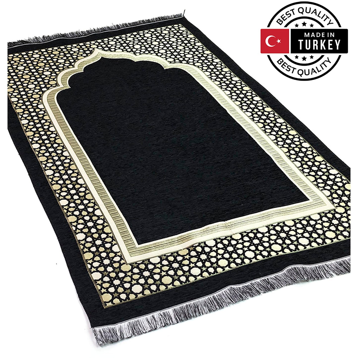 Modefa Turkish Islamic Prayer Mat - Thin Woven Chenille Sajjadah - Intricate Praying Rug Ramadan Eid Gift - Traditional Muslim Janamaz Sajada for Men Women - Geometric Selcuk Star (Black)
