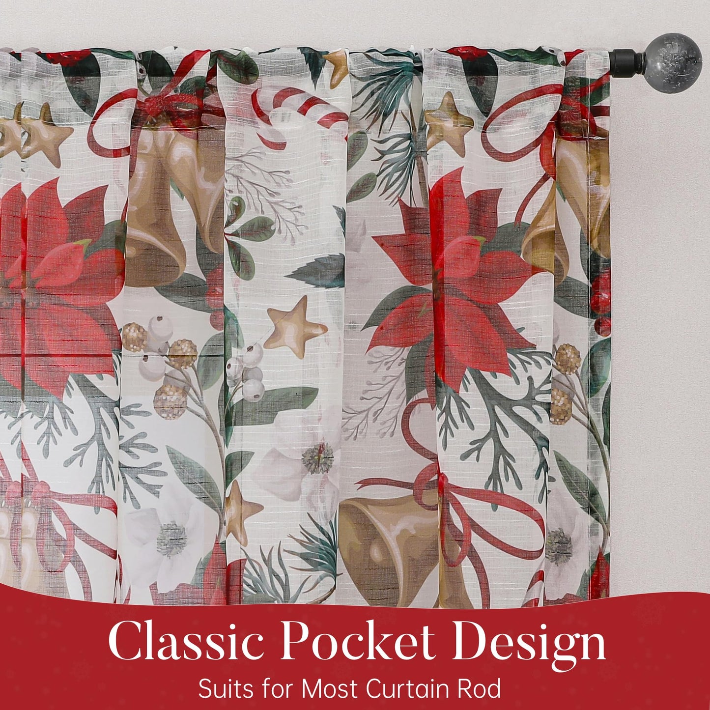 BROSHAN Red and Gold Christmas Sheer Curtains 63 inch Length 2 Panel Set- Xmas Bedroom Window Decoration Curtains in Poinsettias Floral Bells Patterned, Winter Holiday Living Room Curtain Drapes