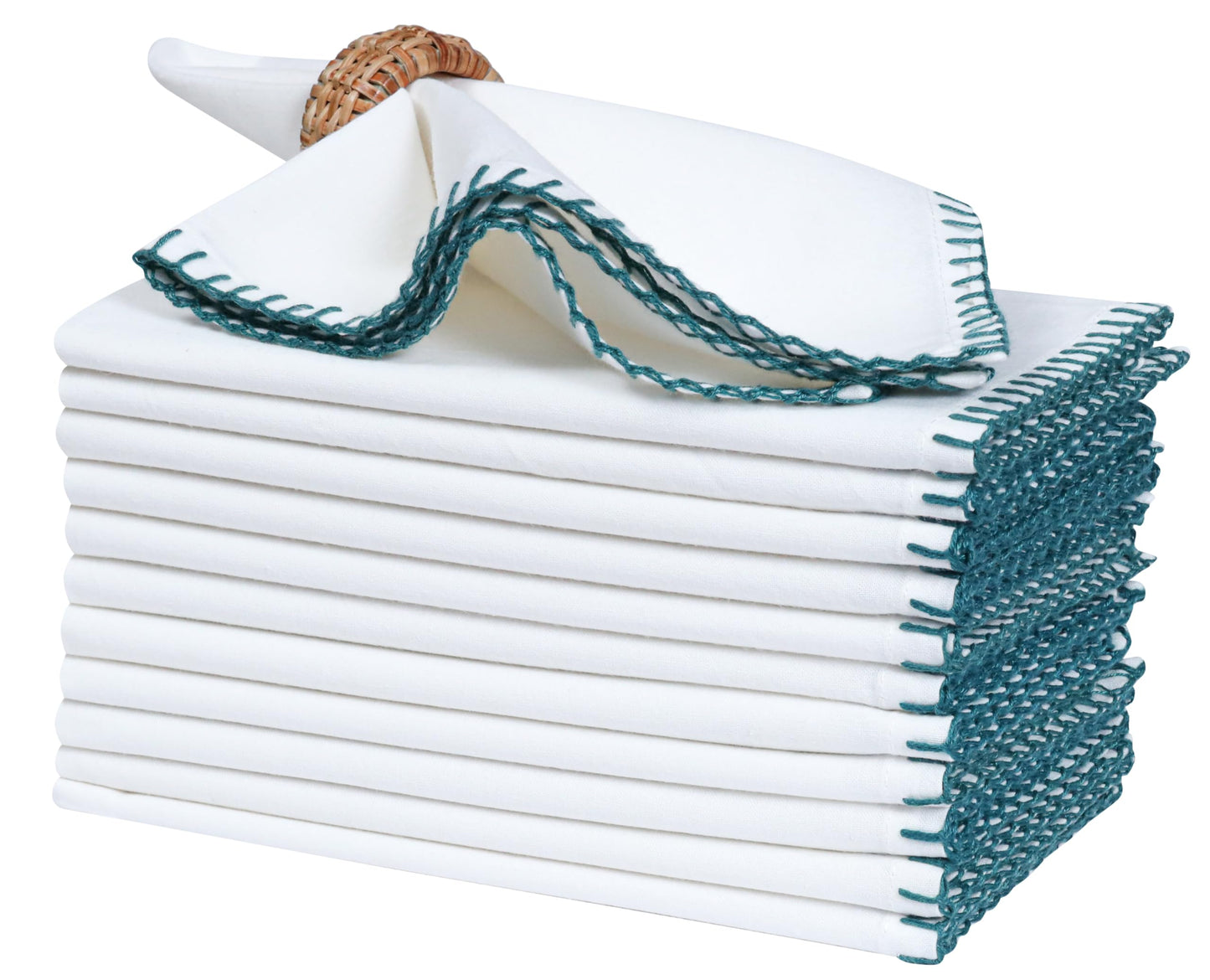 Bedding Craft Cotton Cloth Dinner Napkins Set of 12 –18x18 Funfare Multi-Color Fabric Napkins with Blanket Stitch Selvedge – Washable Wedding Napkins for Parties, Restaurants, Dining & Table Settings
