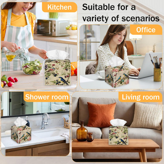 Spring Bird 2 Pcs Tissue Box Cover Square Leather Tissue Case Holder Facial Paper Organizer Decorative for Bathroom Kitchen Car Office Home Decor