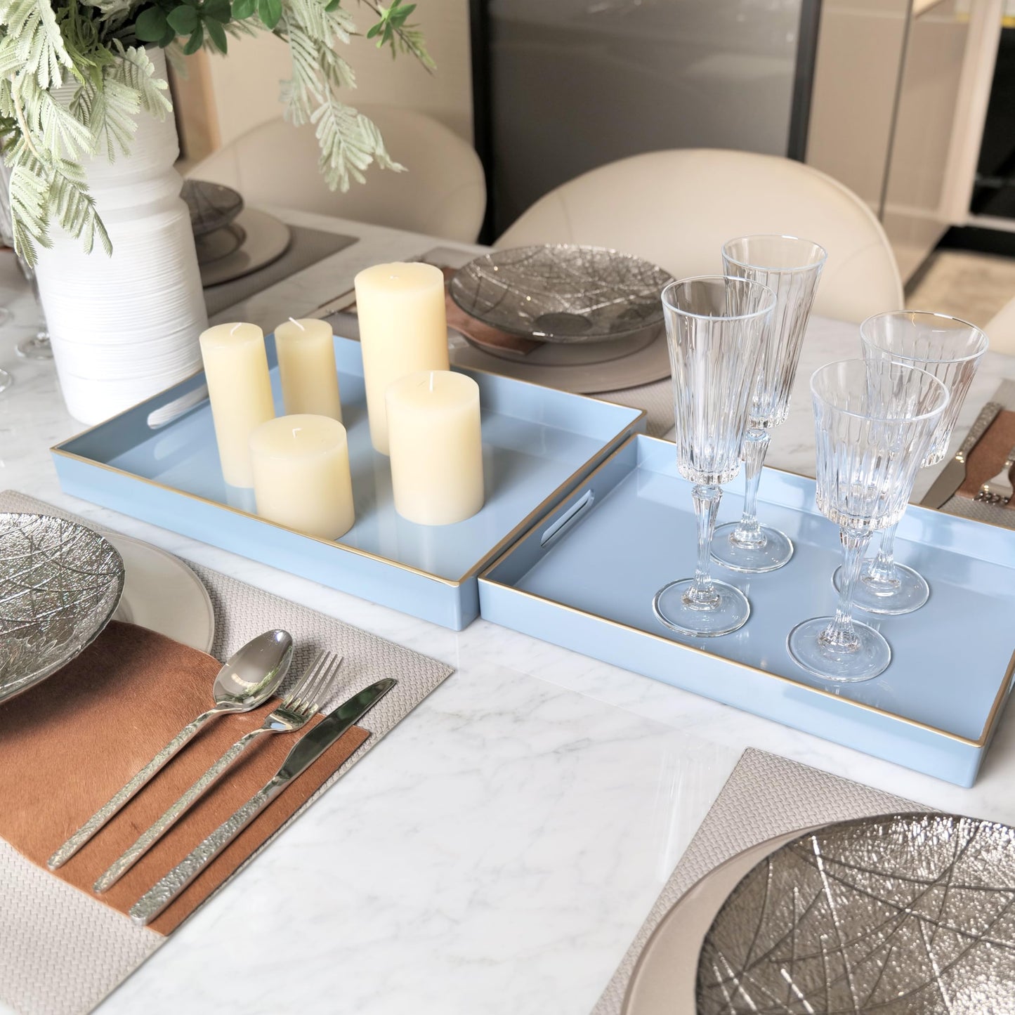 Serving Trays Set of 2, Decorative Plastic Serving Trays with Handles, Party Tray for Food, Coffee Table, Ottoman, Bathroom, and Living Room (Blue)