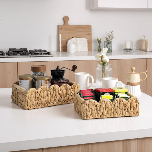 StorageWorks Toilet Paper Basket 2 Pack, Back of Toilet Basket with Wooden Handles, Small Wicker Decorative Scalloped Baskets for Organizing, Living Room Storage, Natural Water Hyacinth