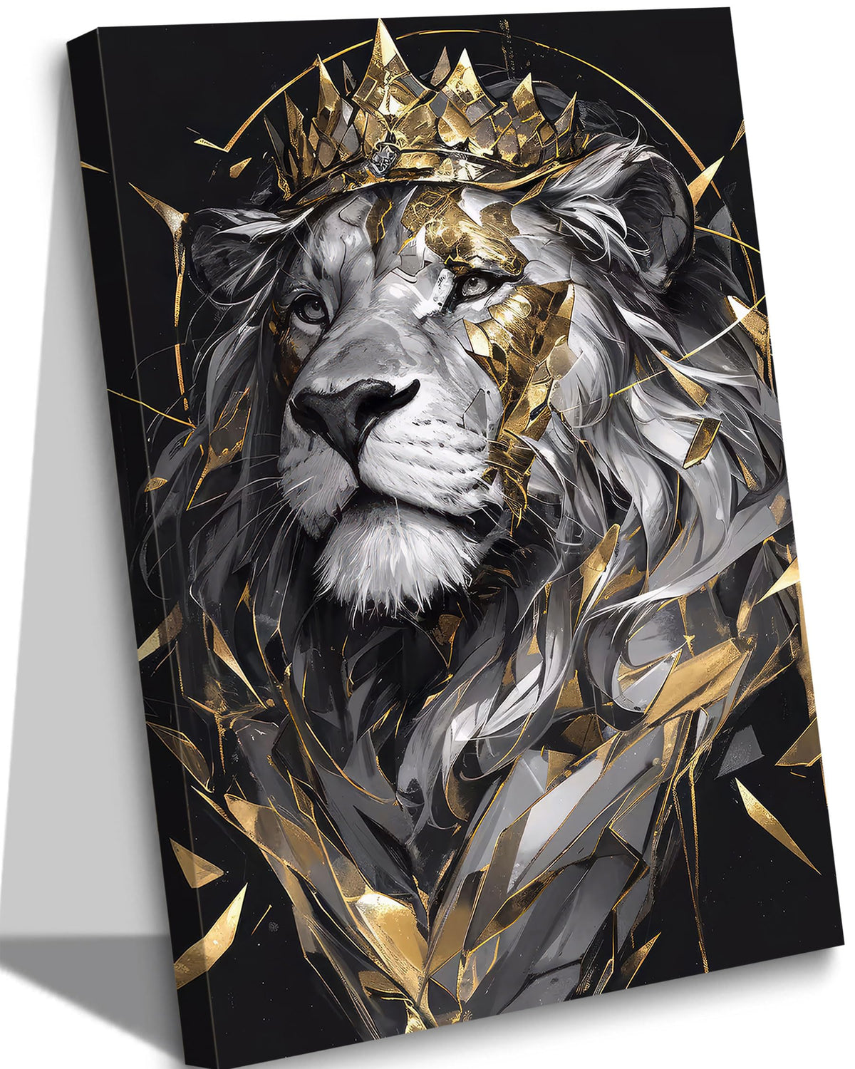 Lion King Canvas Wall Art Man's Cave Poster Prints Crown Lion Pictures Modern Abstract Black Gold Animal Painting Wall Decor Living Room for Men's Bedroom Office 12x16in Framed