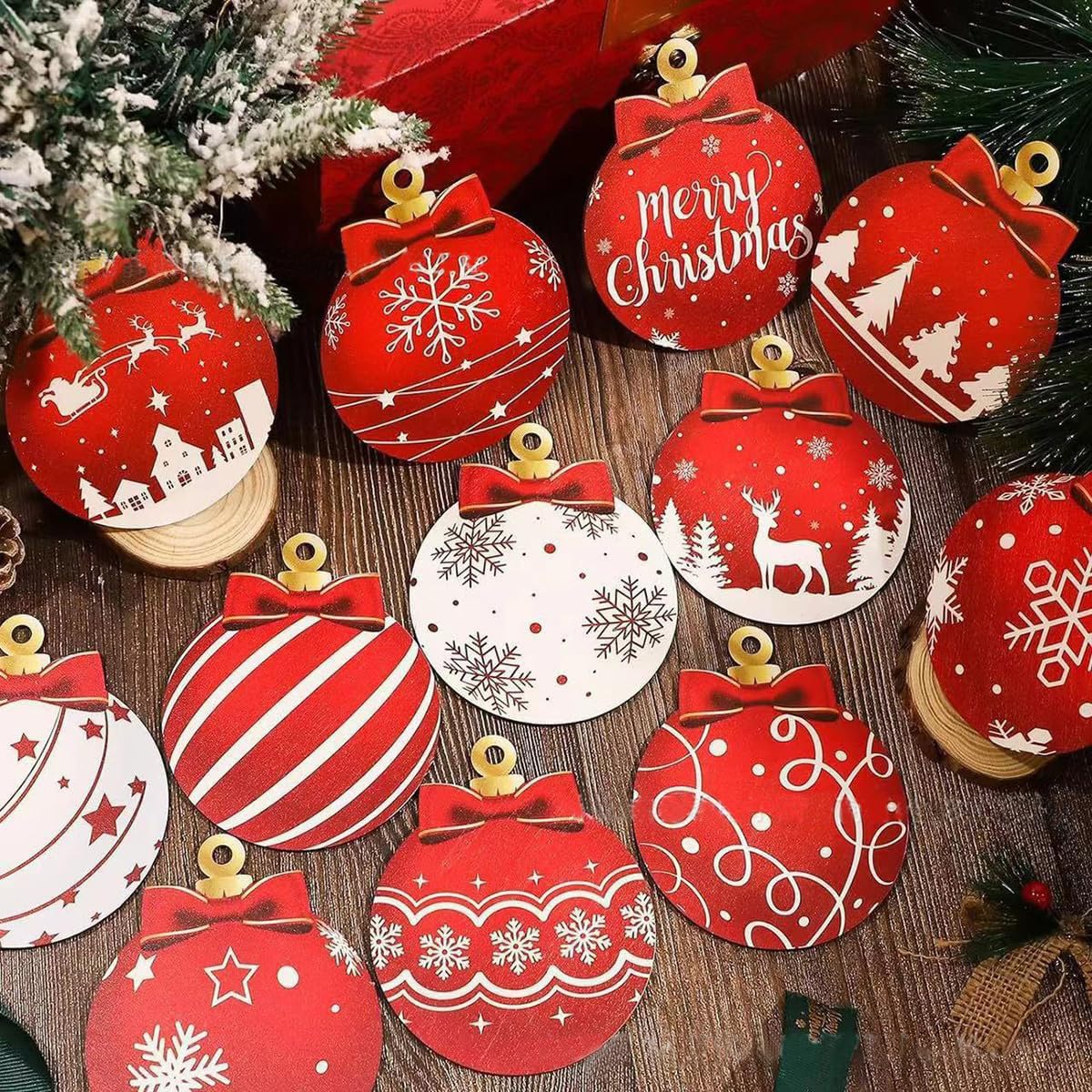 Christmas Tree Decorations Set, 12Pcs Wood Red & White Xmas Ball Hanging Ornaments with Merry Christmas, Bow, Snowflake, Elk and Star Design Winter Ornaments for Home Holiday Party Decor