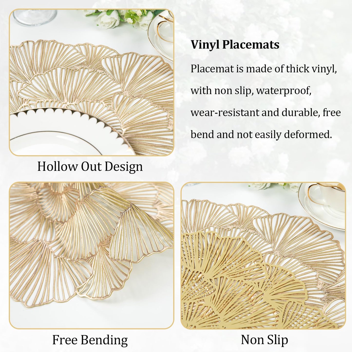 Evevda Round Placemats Set of 6, Gold Leaf Placemats 15 Inch Washable Holiday Decoration Table Mats for Indoor Outdoor Activities Farmhouses Hotels