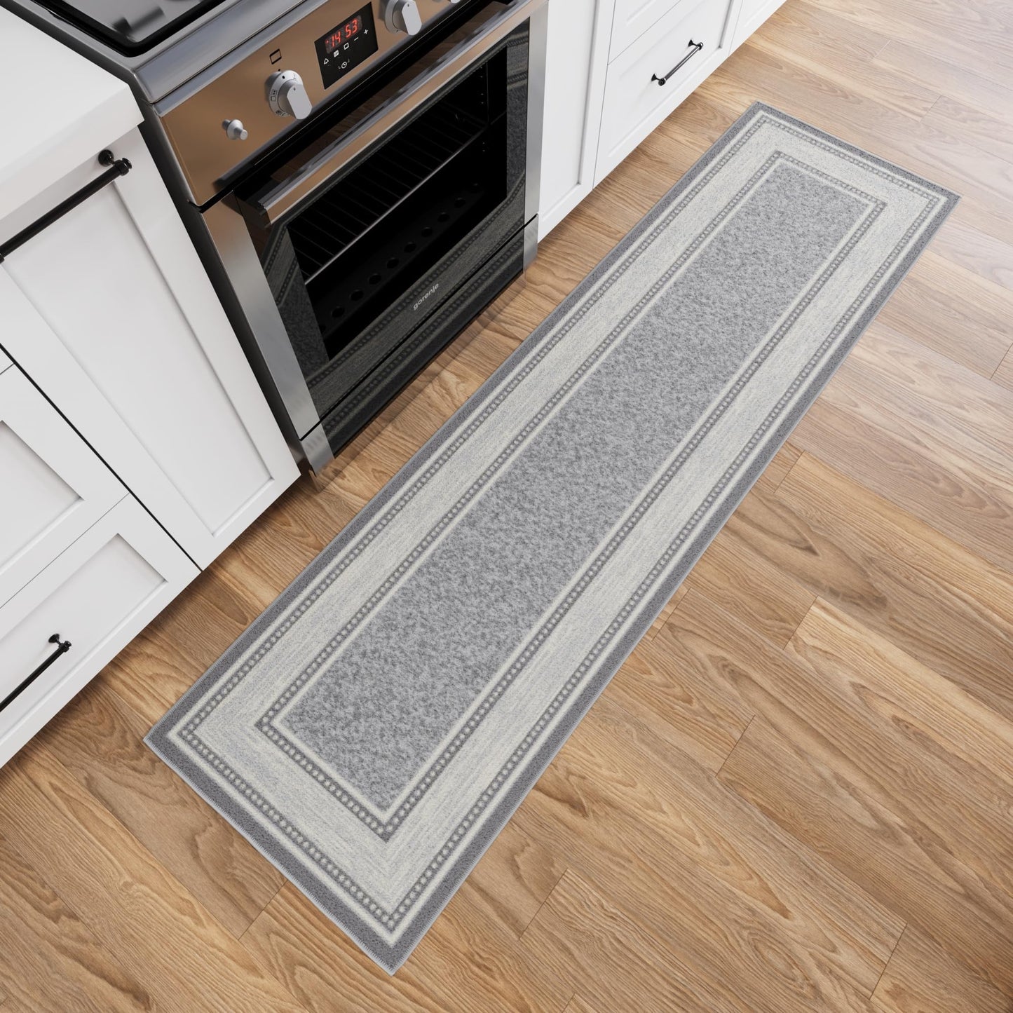 Ottomanson Runner Rug 1'10" x 7' – Non Slip Rubber Backed Kitchen Rug for Sink Area, Hallway Carpet Runner, Low Pile Indoor Runner Rug for Laundry Room and Entryway, Border Light Gray