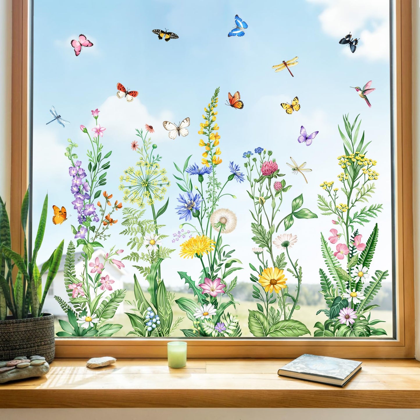 Tanlaby Wild Flower Window Clings Spring Floral Grass Wildflower Window Stickers with Butterfly Green Plant Static Window Decals for Home Glass Doors Decor