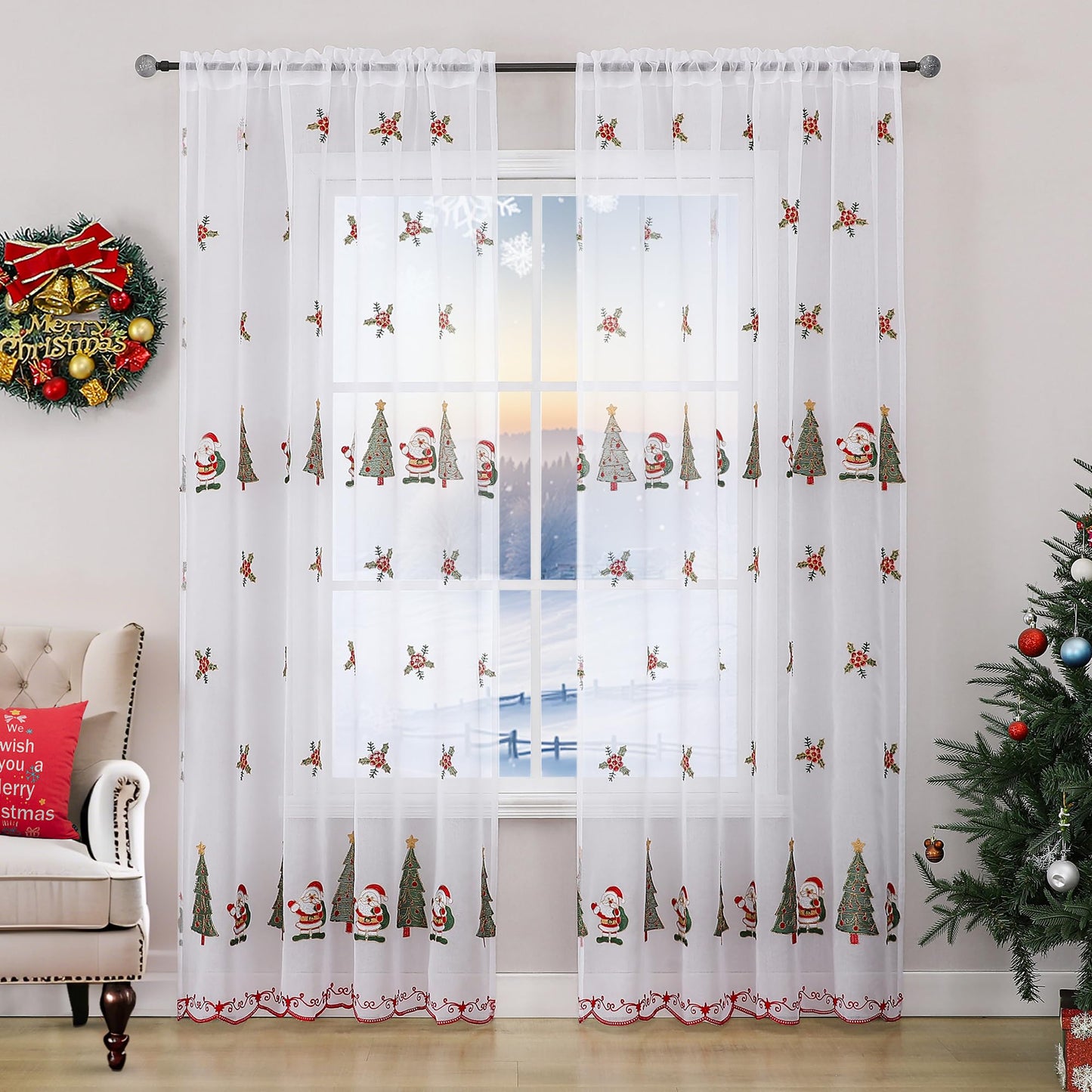 BROSHAN Red Embroidered Sheer Christmas Window Curtains 84 inches Long for Living Room- Xmas Tree Santa Patterned White Drapes 2 Panels Set for Winter Holiday Bedroom Dining Room Decor,Gold Green
