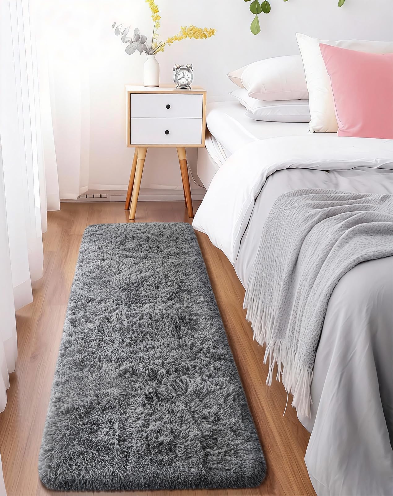 Ophanie Runner Rug for Hallway, 2x5 Upgrade Non-Slip Fluffy Soft Bedside Rugs, Bedroom Living Room Grey Shaggy Gray Carpet for Kids Girls Boys Dorm Nursery Home Decor Aesthetic