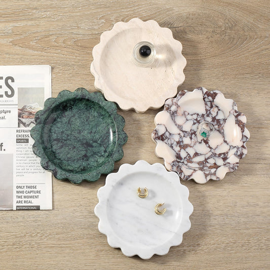 Koville 5.51" Scalloped Marble Tray, Round Stone Jewelry Trinket Dish for Ring, Natural Small Marble Tray for Bathroom Kitchen Dresser Countertop, Decorative Candle Tray(Bianco Carrara)