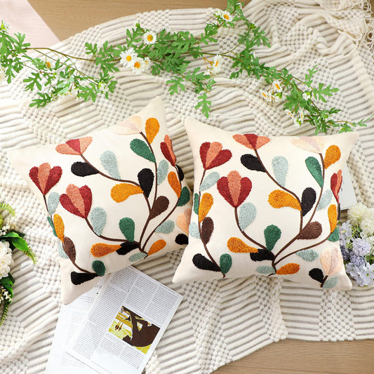 FuWeave 2 Pcs Boho Floral Embroidered Decorative Throw Pillow Covers with Zipper 18 x 18 Inch Colorful Boho Embroidered Pillow Covers Aesthetic Decor for Couch Sofa Housewarming Gifts