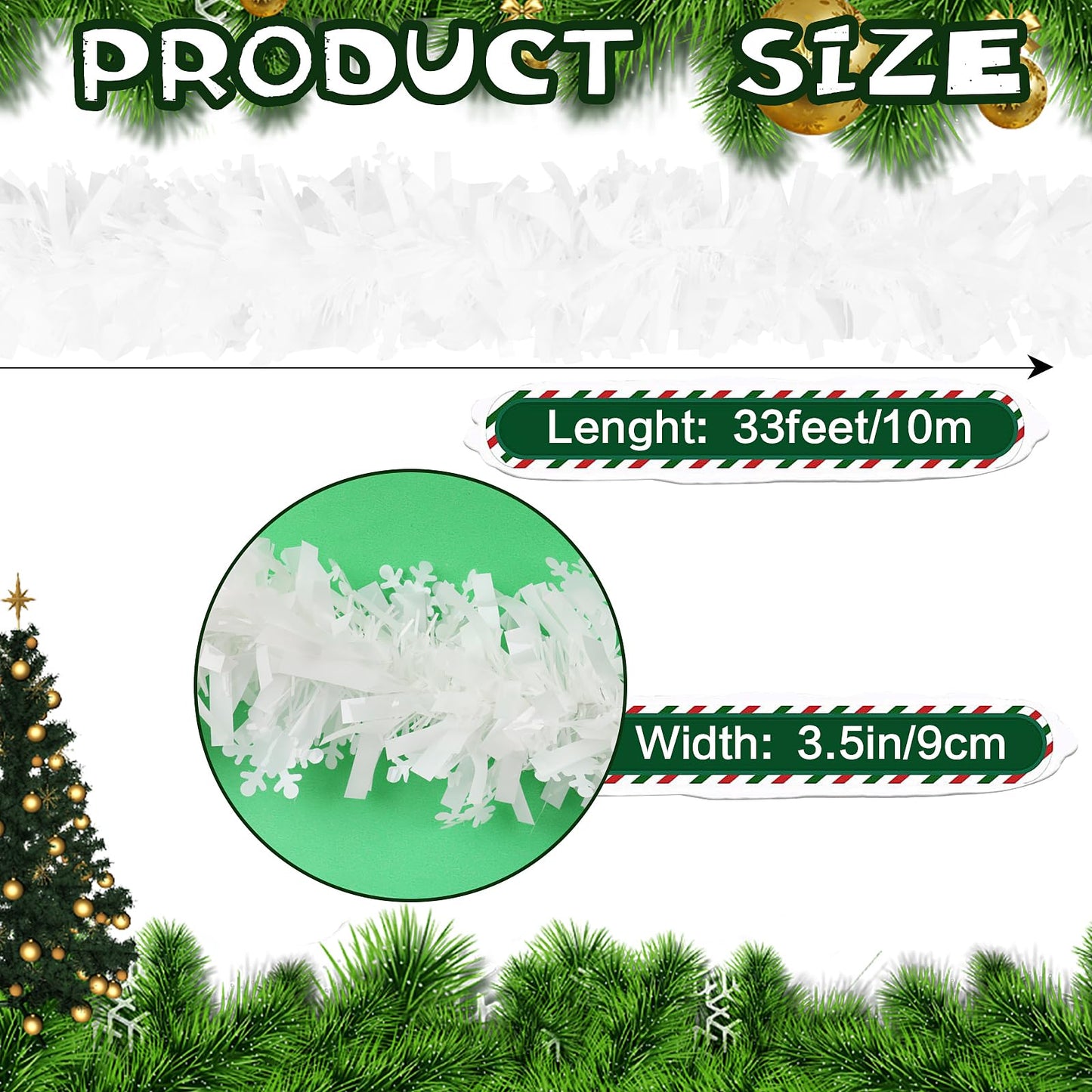 KIMOBER 32.8 Ft Christmas Tinsel Garland,White Metallic Garland with Snowflake for Christmas Tree Xmas Party Decorations