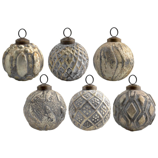 AuldHome Design Farmhouse Ball Ornaments (Set of 6, Gold/Silver); Distressed Metal Glass Ball Vintage Style Christmas Decorations