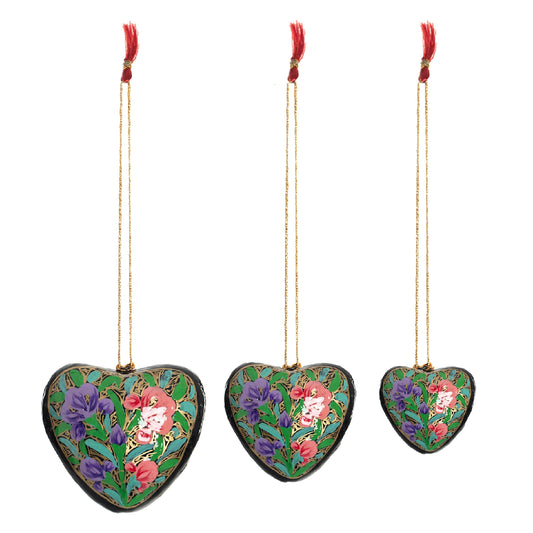 Christmas Hanging Handmade Paper Mache Decorative Xmas Tree Ornaments Décor with Hand Painted Floral Multicolour Design for Decoration and Gifting (Heart -Set of 3)
